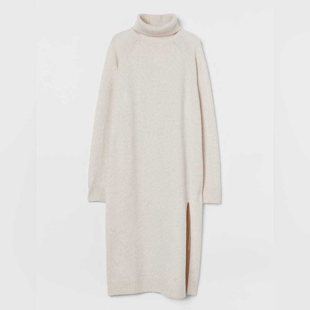 NWT H&M KNIT Turtleneck Dress Beige Tan Size S Small Oversized fit Sweater Dress